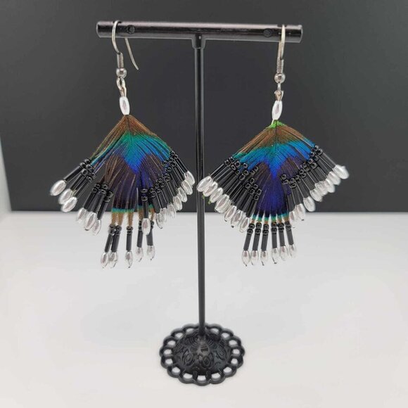 Beaded peacock feather earrings. GUC - Picture 1 of 7